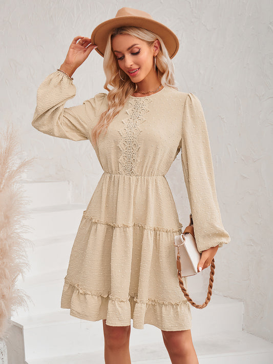 Autumn Winter Women Clothing Casual Round Neck Solid Color Waist Tight Lace Dress