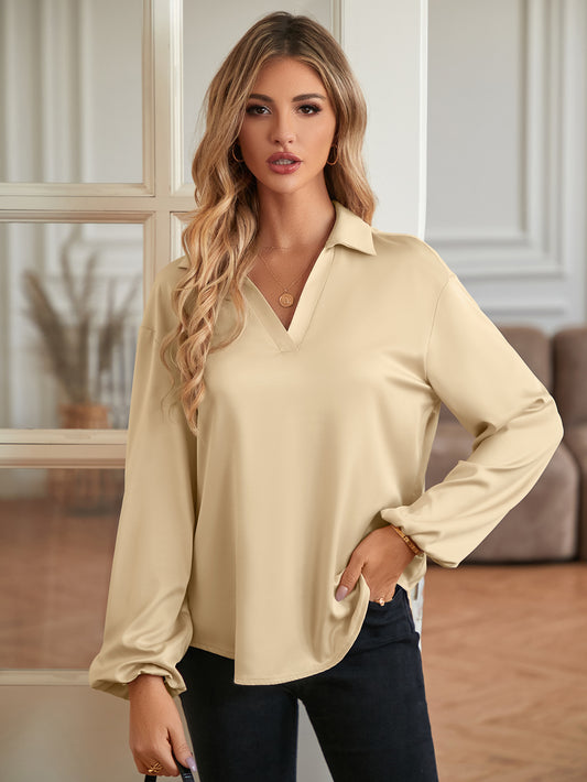 Casual Autumn Winter Women Clothing T shirt Solid Color Loose Fitting V neck Long Sleeves Trendy Tops